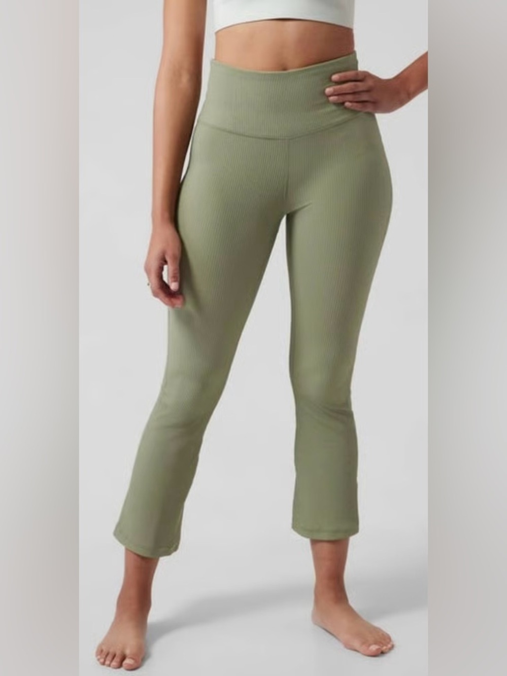 EUC Athleta Elation Rib Crop Flare Comfy High Rise Yoga Gym Pants Light Green 2X